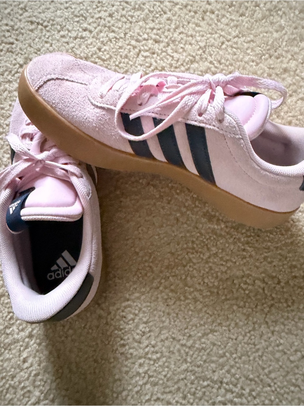 adidas ladies Pink Suede Sneakers with Navy Stripes and Gum Sole